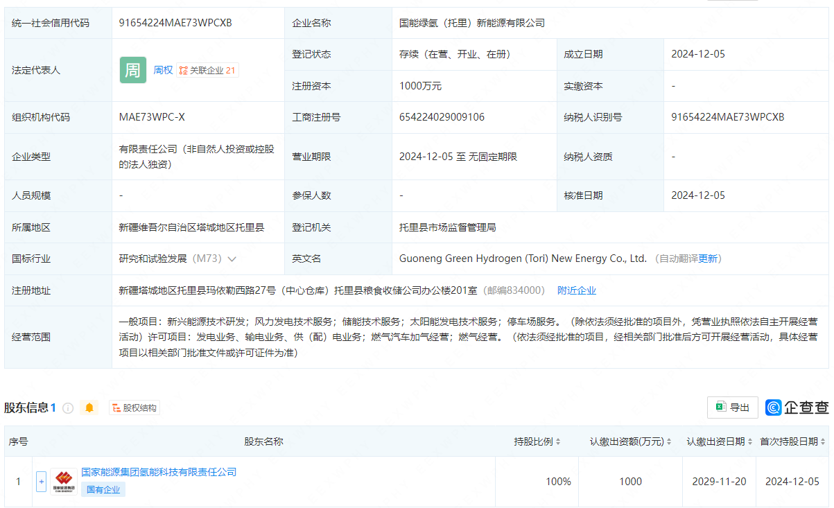 国家能源集团成立绿氢新能源公司